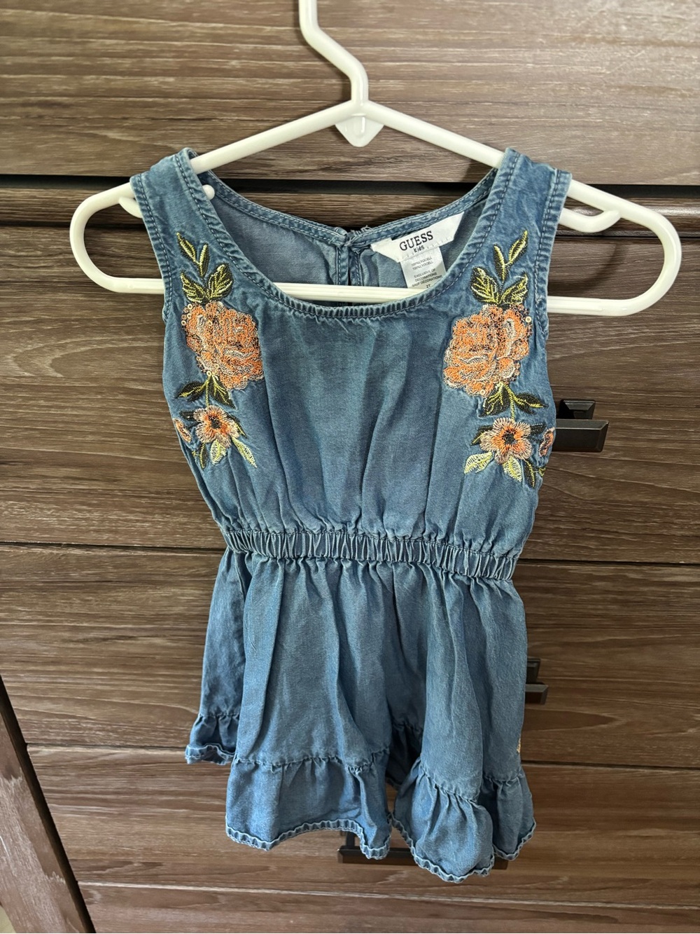 GUESS Girls' Denim Blue Sleeveless Embroidered Floral Romper